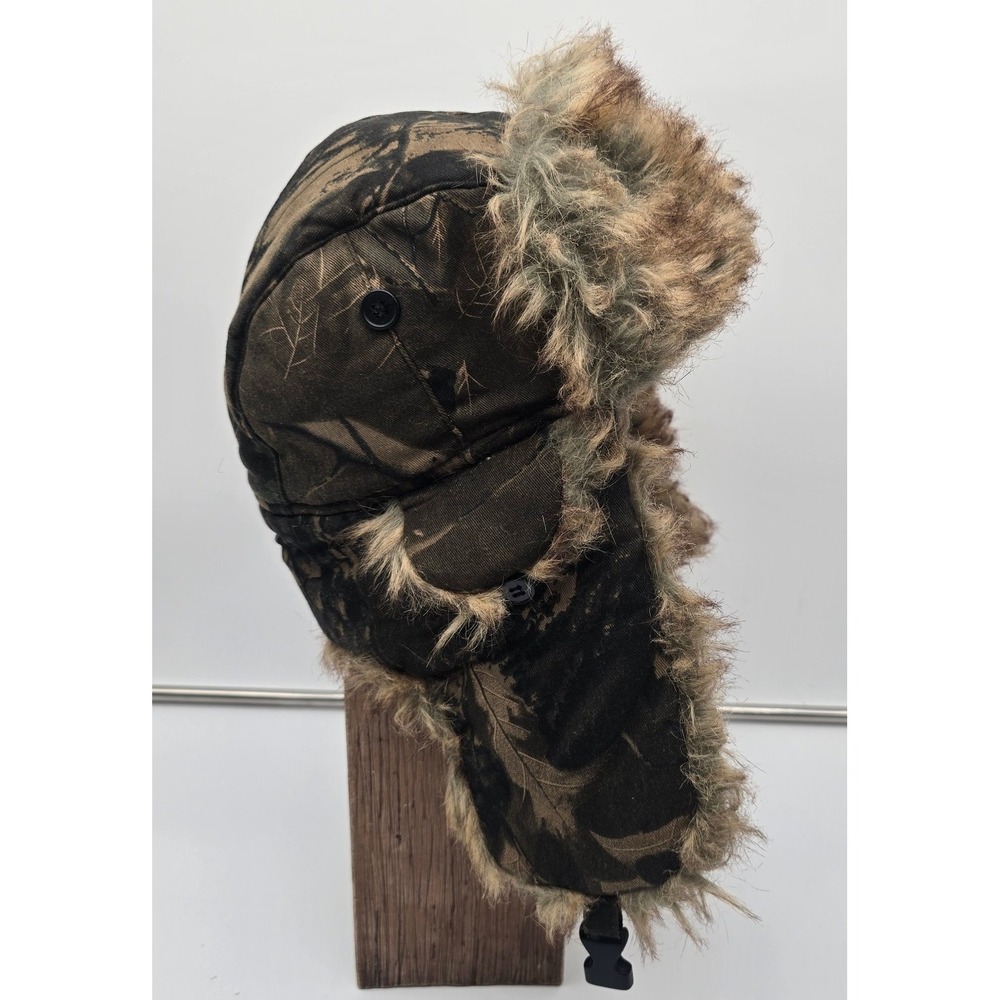 Vintage Woodland CREEK Camo Trapper Bomber Hunting Hat Faux Fur Ear Flaps Straps